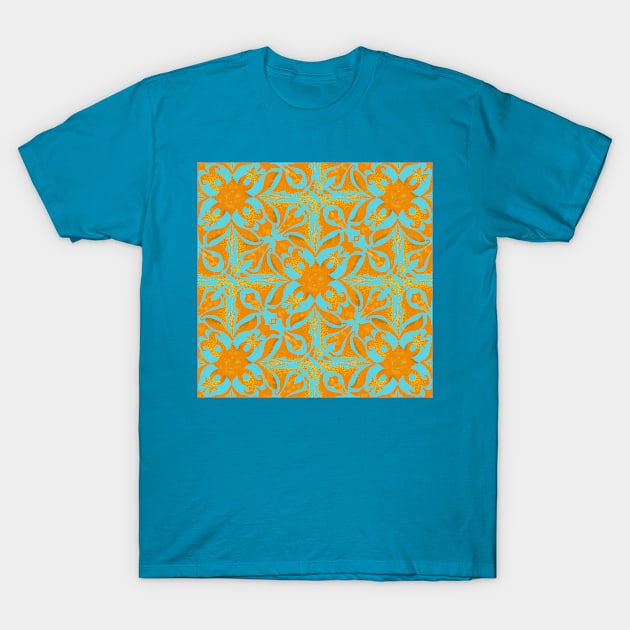 Yellow ornament on blue background T-Shirt by maryglu